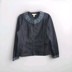 Sigrid Olsen Full Zip Top XL Long Sleeve Embroidery Indigo Lightweight Blue Coat